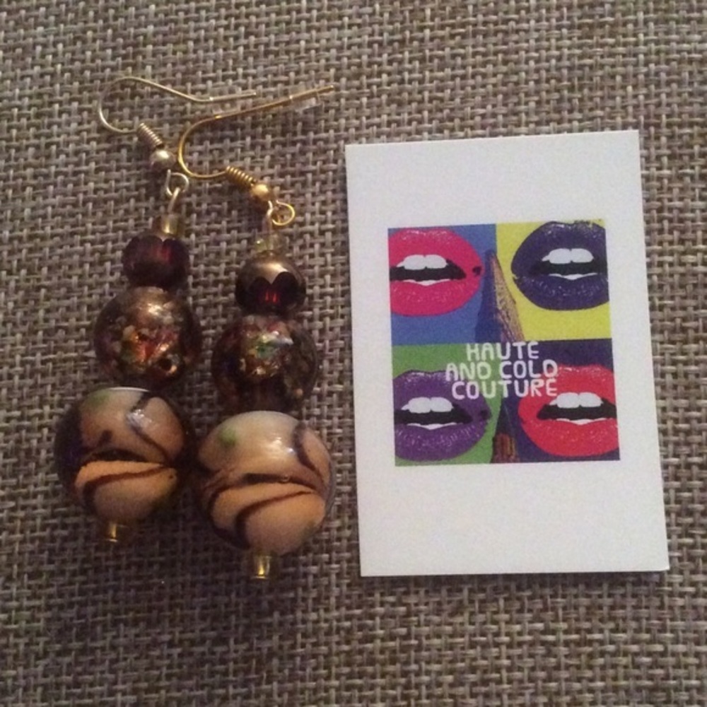 Handmade Patterned Dark Amber Red Glass Earrings